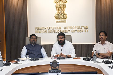 VMRDA Commissioner N. Tej Bharat and chairperson MV Pranav Gopal in an interaction with the press in Visakhapatnam.