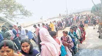 Devotees standing in long queues at Vedvyas temple complex in Rourkela