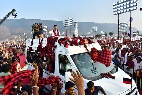 Chief Minister MK Stalin being given a warm welcome by DMK functionaries in Tirupattur on Saturday.