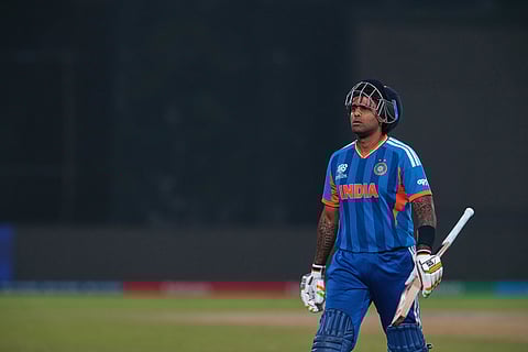 India's captain Suryakumar Yadav reacts as he leaves the ground after losing his wicket during the T20 World Cup.
