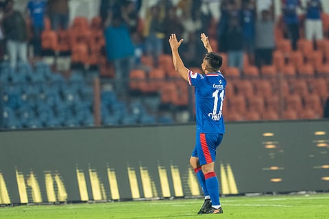 Sunil Chhetri celebrates goal against Delhi on Sunday