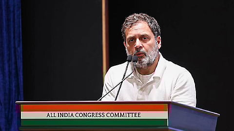 Congress leader and Lok Sabha LoP Rahul Gandhi speaks during a meeting in Delhi.