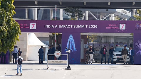 Security officials at the entrance of Bharat Mandapam, ahead of the AI Impact Summit 2026, in New Delhi, Sunday, Feb. 15, 2026.