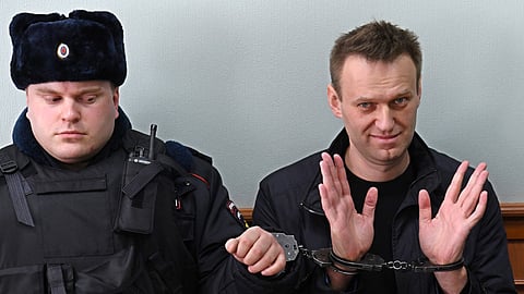 Kremlin critic Alexei Navalny, who was arrested during March 26 anti-corruption rally, gestures during an appeal hearing at a court in Moscow on March 30, 2017.