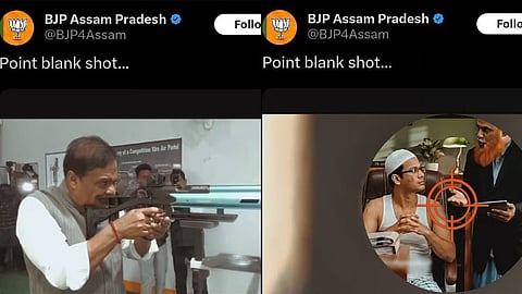 The video posted with the caption "point blank shoot" shows actual footage of the CM firing shots, clubbed with AI-generated images of people wearing skullcaps and beards, representing Muslims