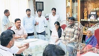 BJP state chief BY Vijayendra meets the family of MLA Byrathi Basavaraj on Sunday.