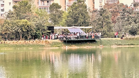 Locals take part in the inauguration of the rejuvenated Kudi Kunta in the Masjid Banda area of Kondapur in Hyderabad on Monday.