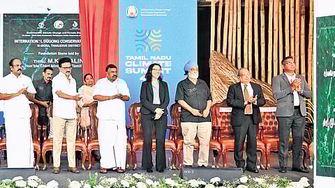 Chief Minister M K Stalin lays the foundation stone for the International Dugong Conservation Centre in Thanjavur district during the inauguration of the Tamil Nadu Climate Summit 4.0 in Chennai on Tuesday