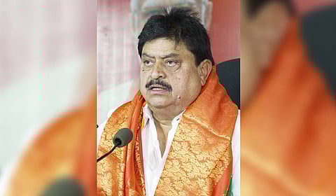 BJP state chief N Ramchander Rao speaks during a meeting at the party office in Hyderabad.