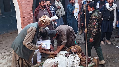 An injured victim of a bomb explosion receives treatment at a compound of a hospital in Bannu, northwestern Pakistan, Monday, Feb. 16, 2026