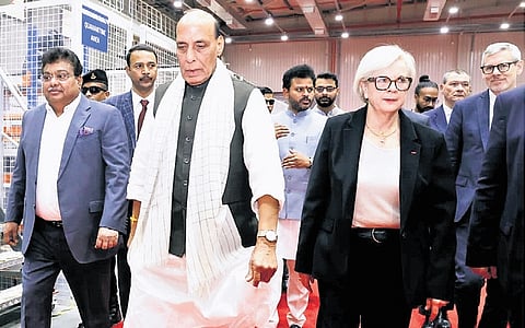 Defence Minister Rajnath Singh with French Minister Catherine Vautrin at the inauguration of Airbus H-125 Assembly Line at Vemgal, Kolar on Tuesday
