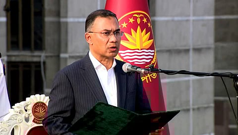Bangladesh Nationalist Party Chairman Tarique Rahman takes oath as the new Prime Minister of Bangladesh during his swearing-in ceremony in Dhaka.