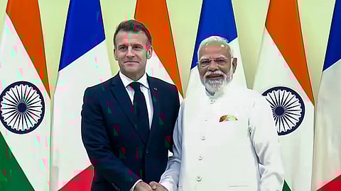 In this image received on Feb. 17, 2026, Prime Minister Narendra Modi and French President Emmanuel Macron during the India-France Year of Innovation 2026 ceremony, in Mumbai. 
