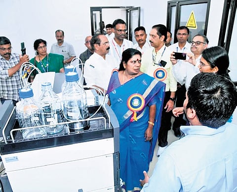 Animal Husbandry Minister J Chinchurani visiting the State Institute for Animal Diseases’ Toxicology Complex on Wednesday.