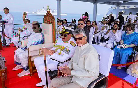 President Droupadi Murmu, Chief of Naval Staff Admiral Dinesh Kumar Tripathi and Andhra Pradesh Chief Minister N. Chandrababu Naidu during the International Fleet Review at Visakhapatnam.
