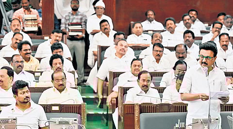 Chief Minister MK Stalin addressing the House while presenting the high-level committee report on union-state relations on Wednesday.