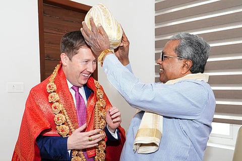 Chief Minister Siddaramaiah welcomes US Ambassador to India  Sergio Gor at his official residence ‘Kaveri’ in Bengaluru on Tuesday 