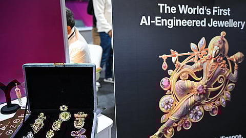 Jewellery designed by artificial intelligence is exhibited at a booth during the AI Impact Summit in New Delhi on February 17, 2026.