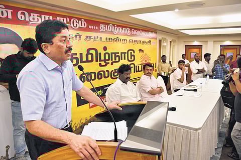 DMK MP Dayanidhi Maran addressing a consultative meeting in Karur.