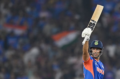 India's Shivam Dube celebrates after scoring a half-century (50 runs) during the 2026 ICC Men's T20 Cricket World Cup group stage match between India and Netherlands at the Narendra Modi Stadium in Ahmedabad. 