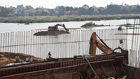Bridge construction work going on in the Cauvery river.
