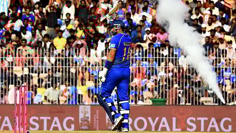 UAE's Muhammad Waseem celebrates his half-century against New Zealand at the MA Chidambaram Stadium, Chennai