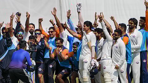 J&K's Vanshaj Sharma with teammates celebrates after the team's victory in the Ranji Trophy semifinal cricket match against Bengal, at the Bengal Cricket Academy Ground, in Kalyani, West Bengal, Wednesday, Feb. 18, 2026. 