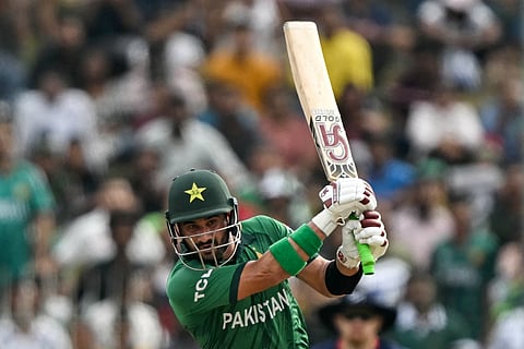 Pakistan's Sahibzada Farhan plays a shot during the 2026 ICC Men's T20 Cricket World Cup group stage match between Pakistan and Namibia at the Sinhalese Sports Club (SSC) Ground in Colombo. 