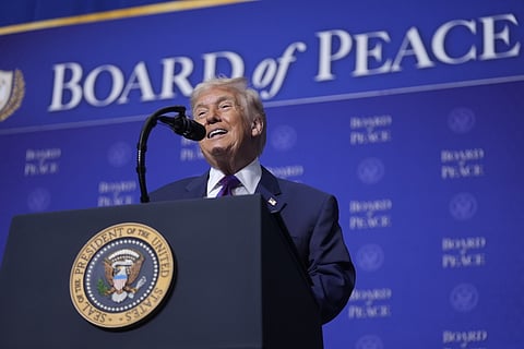 President Donald Trump speaks during a Board of Peace meeting at the U.S. Institute of Peace, Thursday, Feb. 19, 2026, in Washington. 