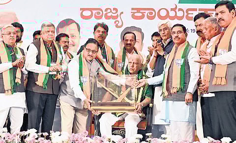 Former chief minister BS Yediyurappa being felicitated during the state BJP’s executive committee meeting in Bengaluru on Thursday.