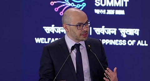 Google DeepMind CEO Demis Hassabis speaking at the India AI Summit.