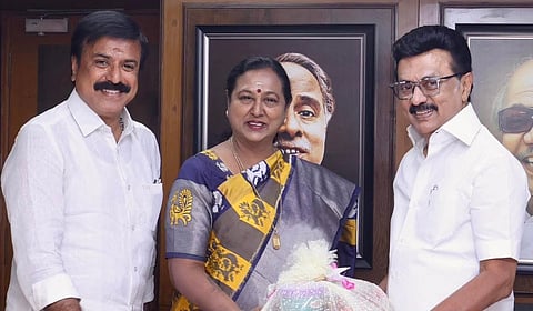 DMDK general secretary Premalatha Vijayakanth and party treasurer L.K. Sudish met Chief Minister and M K Stalin, at the party headquarters, formally sealing the alliance. 