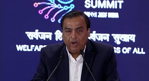 Reliance Industries Chairman and MD Mukesh Ambani speaks at the India AI Impact Summit in New Delhi on Thursday, Feb. 19, 2025.