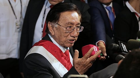Peru's new President José María Balcázar, speaks with the press as he arrive at government palace a day after voting to remove interim President Jose Jeri from office in Lima, Peru, Wednesday, Feb. 18, 2026. 