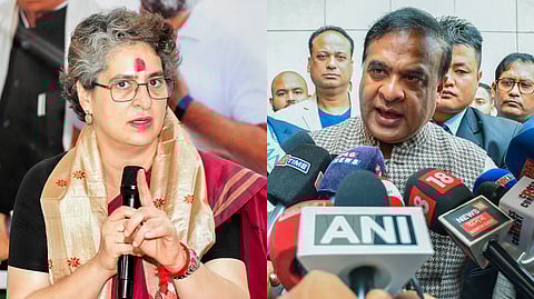 A collage of AICC General Secretary Priyanka Gandhi Vadra (L) and Assam Chief Minister Himanta Biswa Sarma.