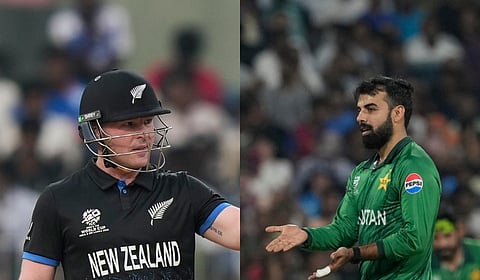 New Zealand's Tim Seifert (L) & Pakistan's Shadab Khan 