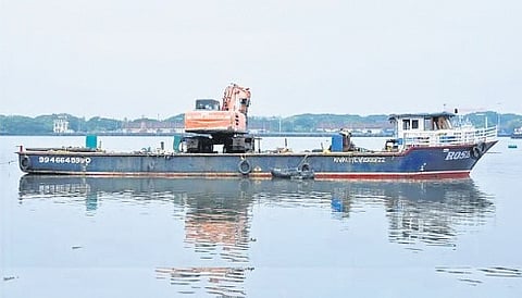 The dredger deployed to remove silt from the navigation channel anchored at Mattancherry terminal.