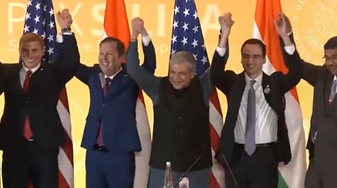 Union Minister Ashwini Vaishnaw poses with US officials for a group photograph after the signing of the Pax Silica Declaration between India and the US on Friday, Feb. 20, 2026.