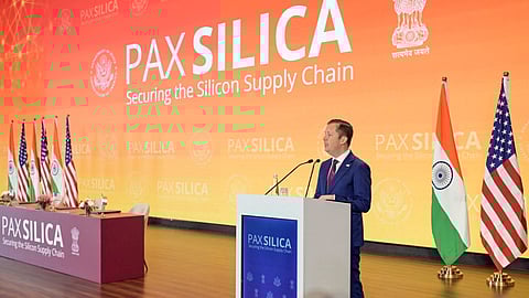 US Ambassador to India Sergio Gor delivers a speech as India formally joins the Pax Silica Declaration on the sidelines of the AI Impact Summit in New Delhi on Friday.