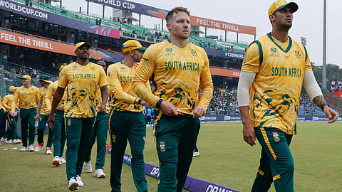 South Africa players walk to the pitch in New Delhi