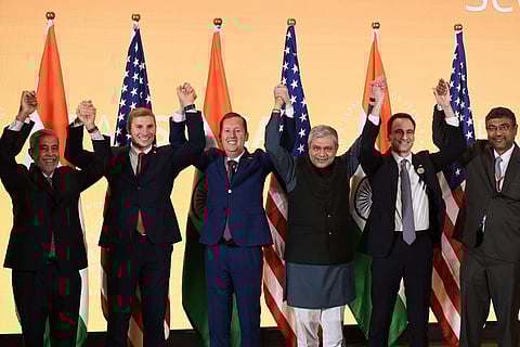 US Ambassador to India Sergio Gor delivers a speech as India formally joins the Pax Silica Declaration on the sidelines of the AI Impact Summit in New Delhi on Friday.