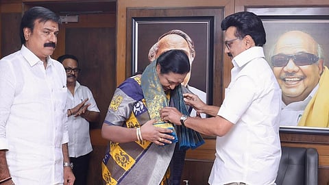 DMDK general secretary Premalatha Vijayakanth and party treasurer L.K. Sudish met Chief Minister and M K Stalin, at the party headquarters, formally sealing the alliance. 