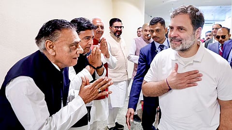 Leader of Opposition in Lok Sabha Rahul Gandhi is being greeted upon his arrival at Chaudhary Charan Singh International Airport, in Lucknow.