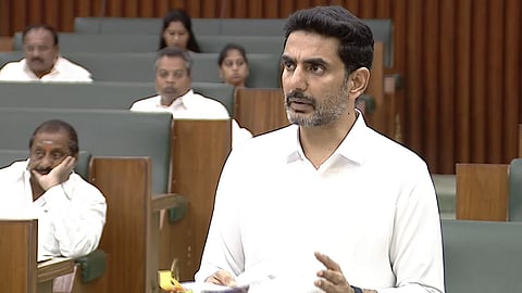 Minister Nara Lokesh during the assembly session on Thursday.