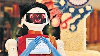 A saree-clad humanoid robot named Echo stationed in Shangri-La Eros, a five-star hotel, to welcome guests arriving especially for the summit went above and beyond. 
