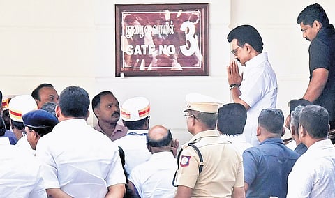 Chief Minister MK Stalin leaving the House after addressing the concluding session of the 16th Assembly on Friday.