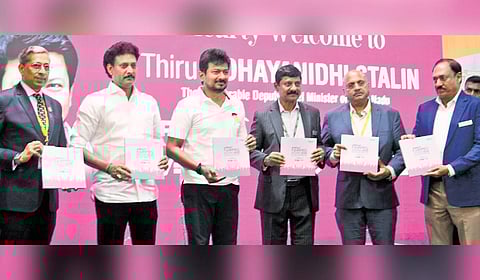 Deputy CM Udhayanidhi Stalin releasing a roster during the inauguration of 18th edition of CREDAI FAIRPRO 2026 at Chennai Trade Centre.