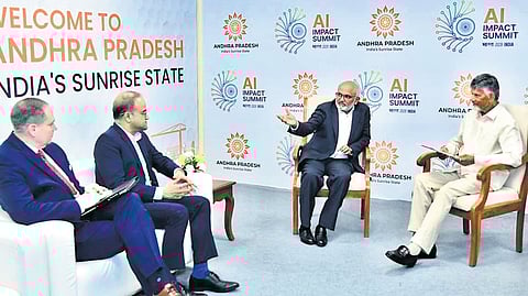 Chief Minister Nara Chandrababu Naidu holds a meeting with a delegation from Adobe, led by Shantanu Narayen, Chair and Chief Executive Officer, at the India AI Impact Summit 2026 in New Delhi on Friday.