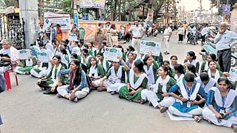 The students skipped classes and sat on dharna in front of the main gate of the college till late evening.