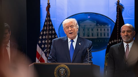 US President Donald Trump speaks during a press briefing at the White House, Friday, Feb. 20, 2026, in Washington.